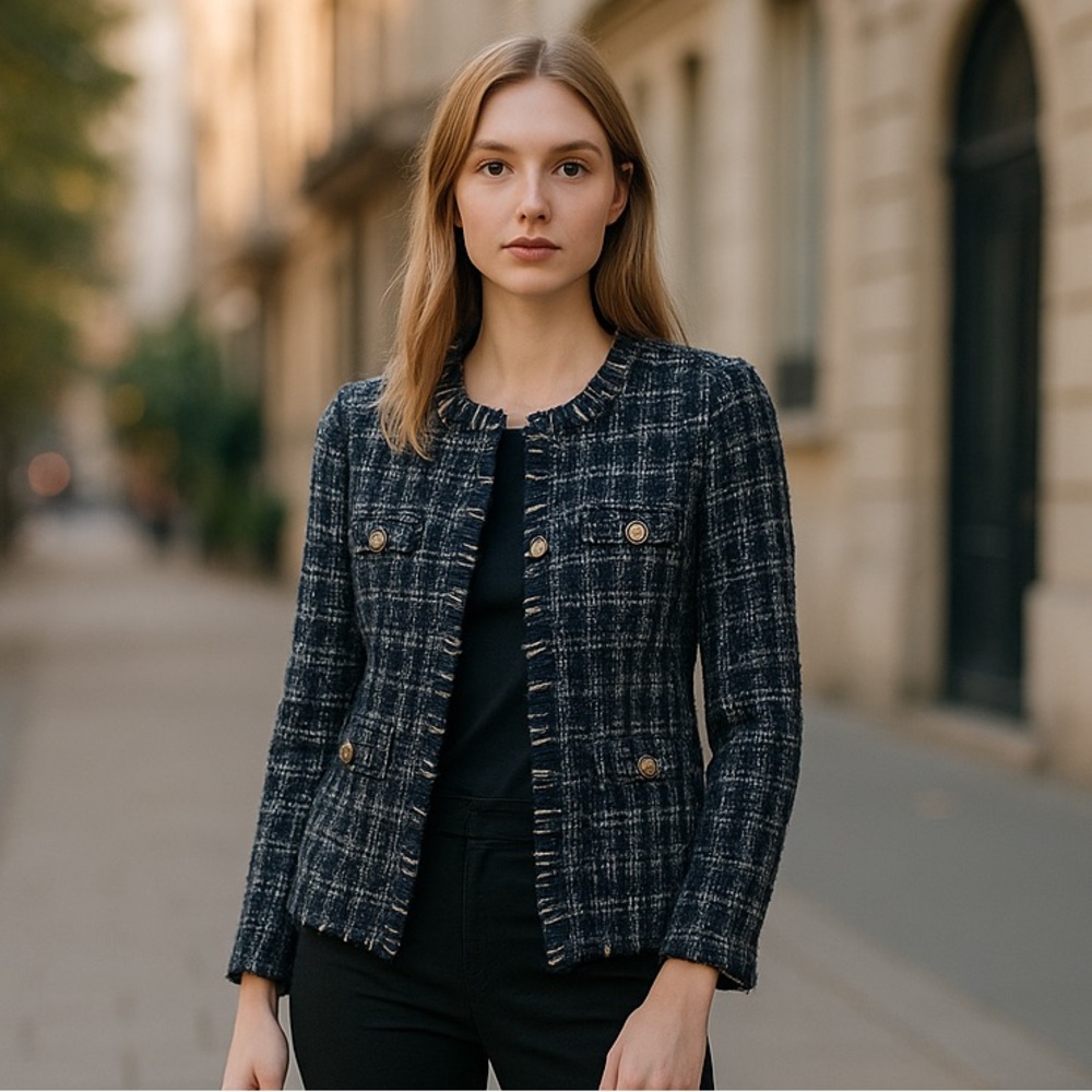 NWT Nanette Lepore Navy and White Tweed Blazer - size small